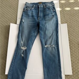 MOTHER Women's Straight Leg Distressed Blue Jeans
